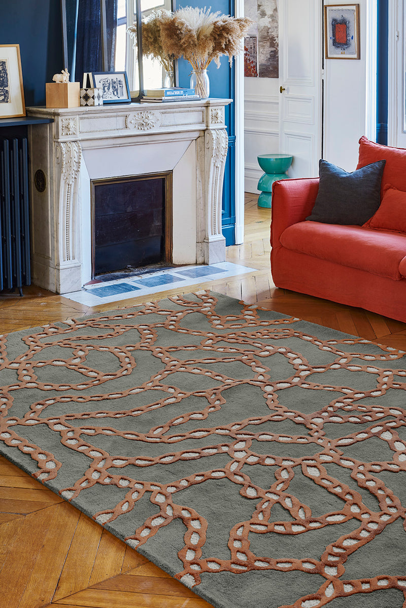 Tapis brique en laine et viscose - Fossiles Cuivre - 2 - Toulemonde Bochart